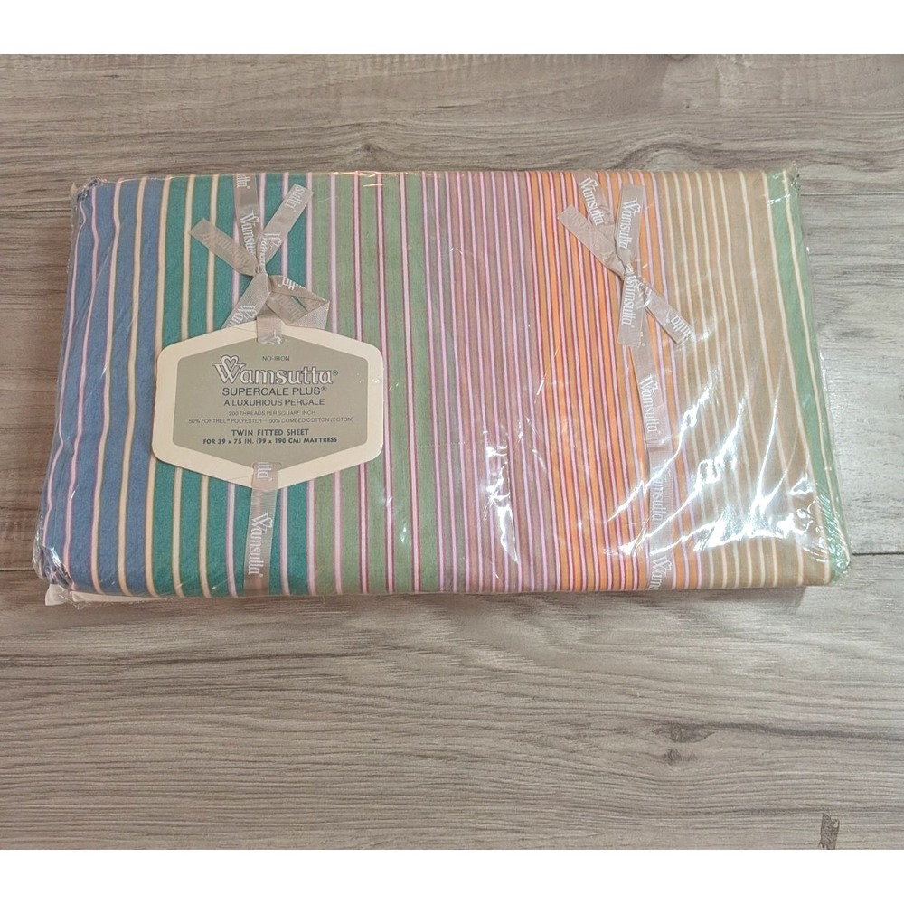 Vintage 1980s Wamsutta Prism Twin Fitted Sheet Striped Rainbow NEW Sealed